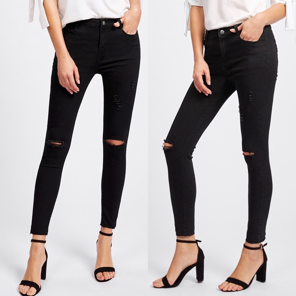 distressed black skinny jeans knee slits - Picture 2 of 5